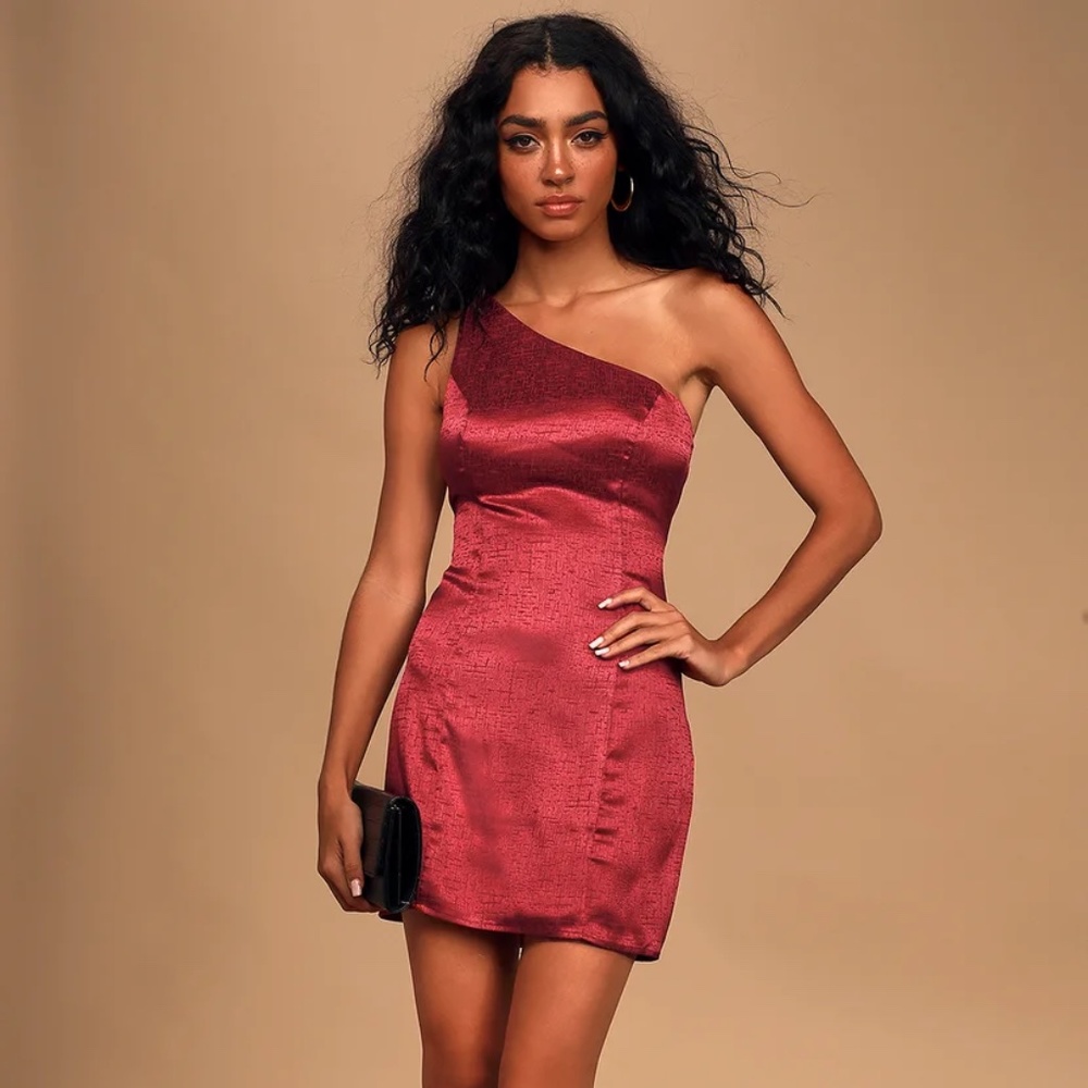Lisette Burgundy Satin One-Shoulder Mini Dress
